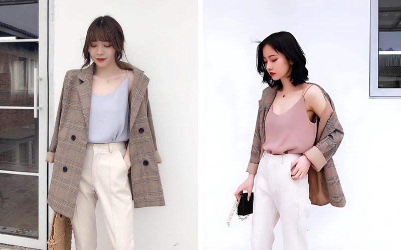 Áo blazer với áo hai dây trẻ trung, năng động